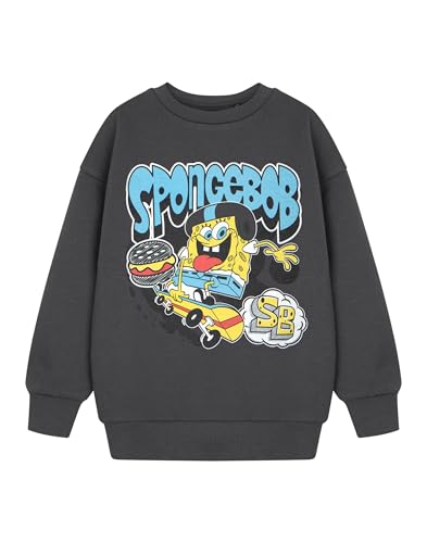 SPONGEBOB SQUAREPANTS Graues Grafik-T-Shirt für Jungen | SB Initialen Langarm-Cartoon-Top | Klassisches Pull-On-Shirt mit Rundhalsausschnitt für Herbst-Winter | Freizeitkleidung von Spongebob von SPONGEBOB SQUAREPANTS