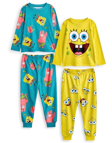 SpongeBob SquarePants Kinder-Pyjama-Set, 2er-Pack | Gelb-blaues, langärmliges Oberteil mit Charaktergrafik und langbeinige Pyjamahose für Kinder | Patrick Star Korallen-Print-Nachtwäsche von SpongeBob SquarePants