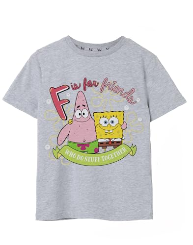 SPONGEBOB SQUAREPANTS Mädchen Graues Kurzarm-T-Shirt | F is for Friends - EIN grooviges T-Shirt für Junge Spongebob-Fans | Werde Teil der Bikini Bottom Crew von SPONGEBOB SQUAREPANTS