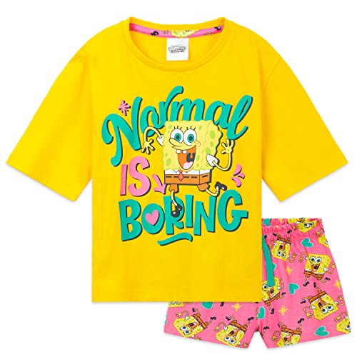 Spongebob Schwammkopf Pyjama Kinder Mädchen - Paar T-Shirt & Schlafanzug Mädchen Kurz - Spongebob Schlafanzug Kurz Mädchen, Kinder Schlafanzug Mädchen, Shorty Pyjamas (Gelb/Rosa, 5-6 Jahre) von SPONGEBOB SQUAREPANTS