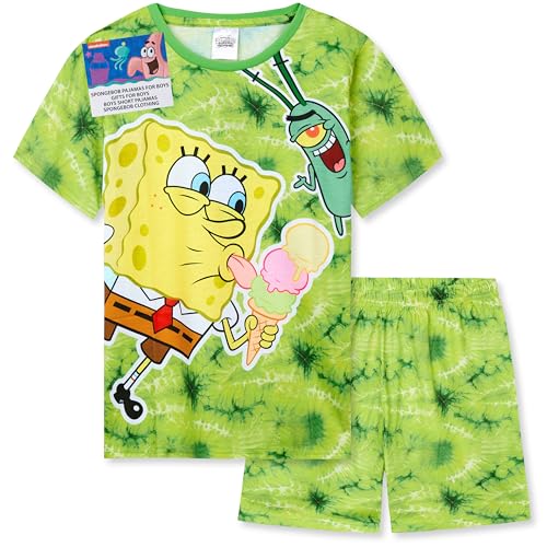 SpongeBob SquarePants Pyjama Kinder Set Jungen Schlafanzug Kurz Sommer Lounge Set Weiche Nachtwäsche Geschenk für Jungs und Teens (4-5 Jahre, Grün Tie Dye) von SpongeBob SquarePants