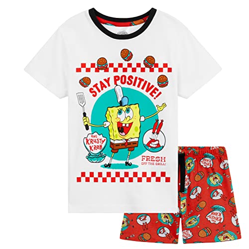 SpongeBob SquarePants Pyjama Kinder Set Jungen Schlafanzug Kurz Sommer Lounge Set Weiche Nachtwäsche Geschenk für Jungs und Teens (5-6 Jahre, Weiß/Rot) von SpongeBob SquarePants