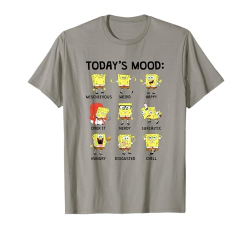 SPONGEBOB SQUAREPANTS Unisex T-Shirt Grau Klein Cartoon Many Faces SpongeBob T-Shirt Nickelodeon T-Shirt Bikini Bottom Happy Birthday Ocean Sea Chill Mood Klassisch geschnitten, doppelt genähter Saum von SPONGEBOB SQUAREPANTS