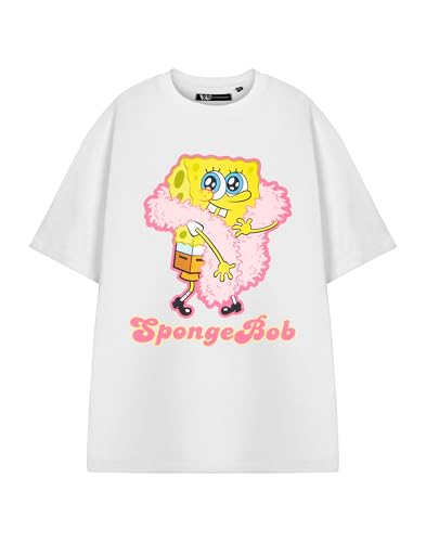 SPONGEBOB SQUAREPANTS Weißes T-Shirt mit Cartoon-Grafik für Damen | Klassisches Spongebob-T-Shirt mit Rundhalsausschnitt | Schlichtes, kurzärmliges Pull-On-Oberteil für Freizeitkleidung von SPONGEBOB SQUAREPANTS
