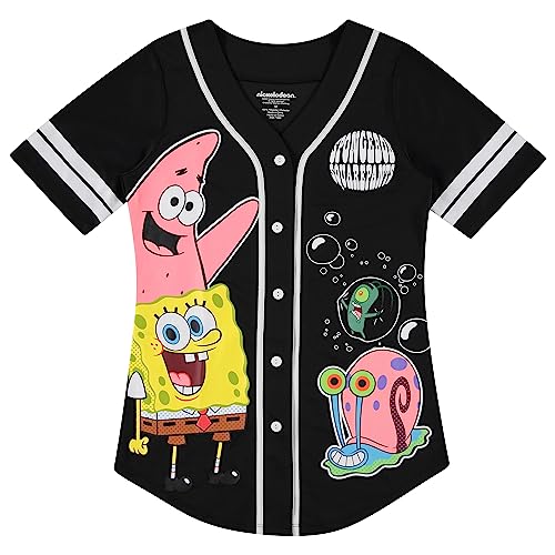 SpongeBob SquarePants Damen Baseballtrikot – Spongebob, Mr Krabs, Squidward, Patrick – Netz-Baseballtrikot mit Knopfleiste, Schwarz Weiß, XX-Large von SpongeBob SquarePants