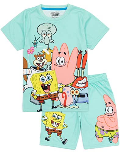 SPONGEBOB SQUAREPANTS Kinder Pyjama | Jungen Mädchen Thaddäus Patrick Mr. Krabs Gary Charaktere Blau T-Shirt Shorts Pyjamas Set | TV-Show Film Merchandise von SPONGEBOB SQUAREPANTS