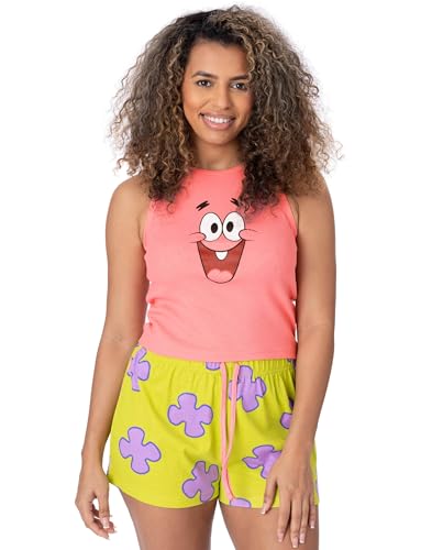 SPONGEBOB SQUAREPANTS Patrick Damen Kurzpyjama | Gerippte rosa Weste mit grünen, korallenfarbenen elastischen Shorts | Animierte TV-Show Merchandise von SPONGEBOB SQUAREPANTS