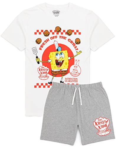Spongebob Schwammkopf Herren Pyjama | Krusty Krab Burger Charakter Weiß T-Shirt Graue Shorts Pyjamas | TV-Show Merchandise von SPONGEBOB SQUAREPANTS