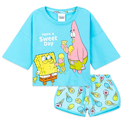 SpongeBob SquarePants Pyjama Kinder Teenager Weiche Mädchen Schlafanzug Kurz Sommer Lounge Set Geschenk für Mädchen (3-4 Jahre, Blau Cropped) von SPONGEBOB SQUAREPANTS