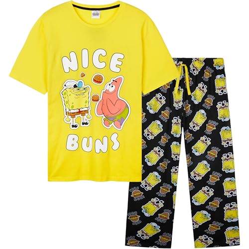 Spongebob Schwammkopf Schlafanzug Herren Pyjama Set mit Shirt und Langer Hose Lustiger Hausanzug Geschenk für Männer (2XL, Gelb/Schwarz) von SPONGEBOB SQUAREPANTS