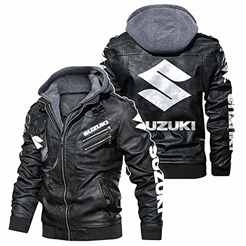 SPONYBORTY Faux Leder Bomber Jacke Für Su-ZUki Moto Gedruckt Mit Herausnehmbar Kapuze Windbreaker Rennen Coats Sport/B/XL von SPONYBORTY