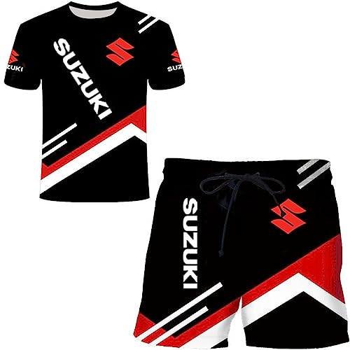 SPONYBORTY Herren-T-Shirt-Shorts-Trainingsanzug-Set Su-ZUki 3D-Druck Zweiteiliges Set Kurzarm-T-Shirt-Hosen-Trainingsanzug sports/D/L von SPONYBORTY