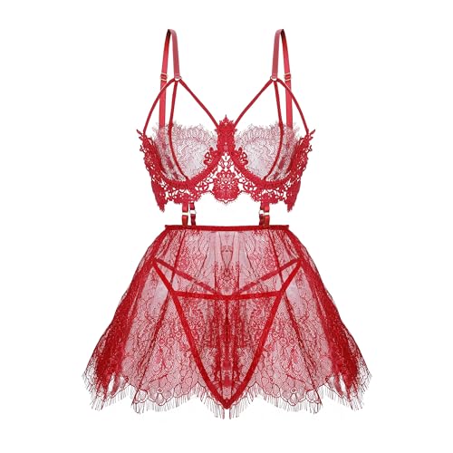 Dessous in Übergröße für Frauen Spitze Schwarz Babydoll Sexy Mesh Hohe Taille Nachthemd Strappy Exotische Nachtwäsche, rot, X-Large von SPORCLO