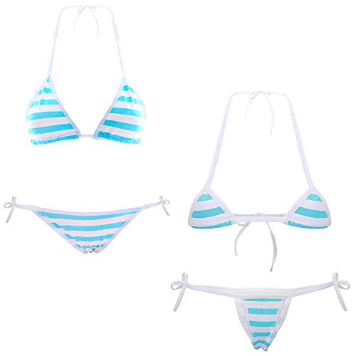 SPORCLO Cute Sexy Anime Lingerie Bra and Panty Set Lolita Cosplay Micro Underwear Suit Kawaii for Women（Blue Stripe+Blue Stripe(Mini)-1） von SPORCLO