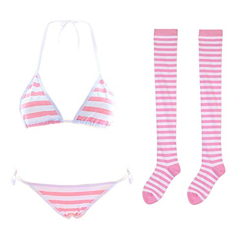 SPORCLO Cute Sexy Anime Lingerie Bra and Panty Set with Sripe High Stockings Lolita Cosplay Micro Bikini Underwear Suit Kawaii for Women (Pink + Stripe high Socks) von SPORCLO