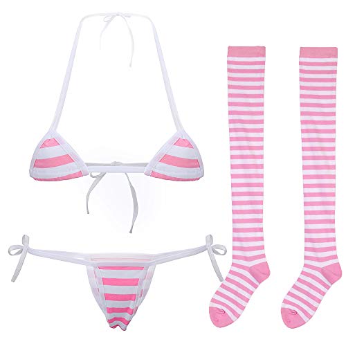 SPORCLO Cute Sexy Anime Lingerie Bra and Panty Set with Stripe High Stockings Lolita Cosplay Micro Underwear Suit Kawaii for Women (Pink(Mini)+Stripe high Socks) von SPORCLO