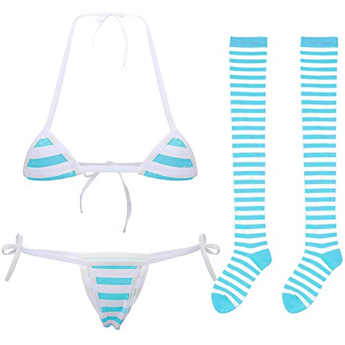 Süße sexy Anime Dessous BH und Panty Set Lolita Cosplay Micro Unterwäsche Anzug Kawaii für Frauen, Blue(mini)+stripe High Socks, Einheitsgröße von SPORCLO