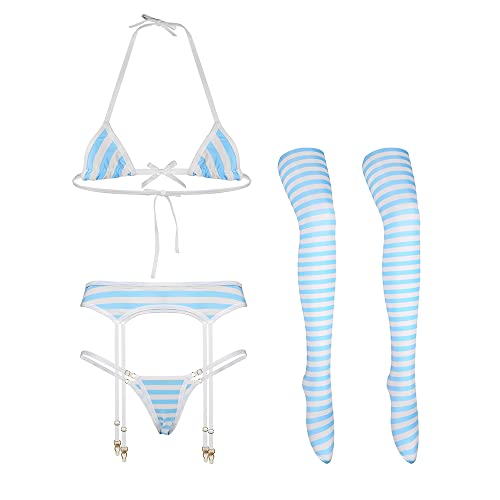 Süßer sexy Anime Dessous BH und Panty Set Lolita Cosplay Micro Unterwäsche Anzug Kawaii für Frauen, B-Strumpfband Blau, Einheitsgröße von SPORCLO