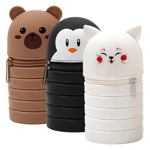 SPORWAY 3 Stück Kawaii Federmäppchen 2 in 1 aus Weichem Silikon, Faltbar Schlampermäppchen, Cartoon Bleistifthalter, Federmäppchen für Studenten Jugendliche Erwachsene(Pinguin+Katze+Bär) von SPORWAY