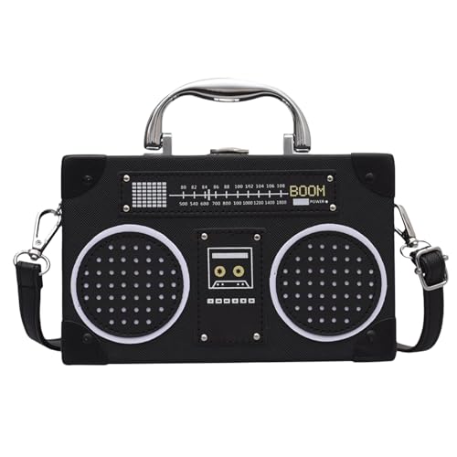 Retro Umhängetasche Kassette Handtasche Damen: 19 x 12 x 5 cm Schräge Schultertasche Radio Handtasche, Tasche Kassetten Schultertasche für 80er 90er Jahre Disco Party Dekoration - Schwarz (Schwarz 1) von SPORWAY