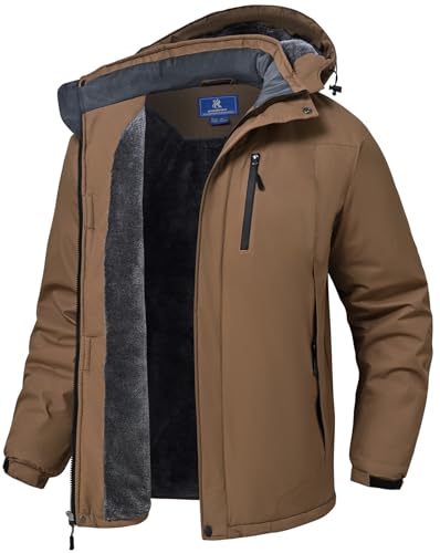 SPOSULEI Herren Winter Fleecejacke Warme Verdickt Gefüttert Skijacke Outdoor Winddicht Wasserdicht Jacke mit Abnehmbarer Kapuze für Wandern Braun S von SPOSULEI