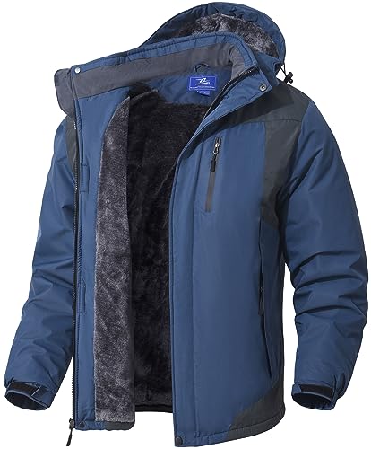 SPOSULEI Herren Winter Fleecejacke Warme Verdickt Gefüttert Skijacke Outdoor Winddicht Wasserdicht Jacke mit Abnehmbarer Kapuze für Wandern Cowboyblau 3XL von SPOSULEI