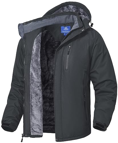 SPOSULEI Herren Winter Fleecejacke Warme Verdickt Gefüttert Skijacke Outdoor Winddicht Wasserdicht Jacke mit Abnehmbarer Kapuze für Wandern Dunkelgrau 2XL von SPOSULEI