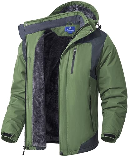 SPOSULEI Herren Winter Fleecejacke Warme Verdickt Gefüttert Skijacke Outdoor Winddicht Wasserdicht Jacke mit Abnehmbarer Kapuze für Wandern Grasgrün 2XL von SPOSULEI