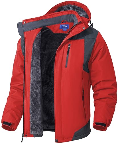 SPOSULEI Herren Winter Fleecejacke Warme Verdickt Gefüttert Skijacke Outdoor Winddicht Wasserdicht Jacke mit Abnehmbarer Kapuze für Wandern Rot L von SPOSULEI
