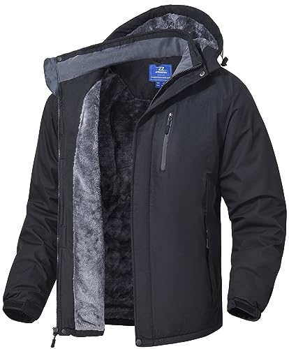 SPOSULEI Herren Winter Fleecejacke Warme Verdickt Gefüttert Skijacke Outdoor Winddicht Wasserdicht Jacke mit Abnehmbarer Kapuze für Wandern Schwarz 2XL von SPOSULEI