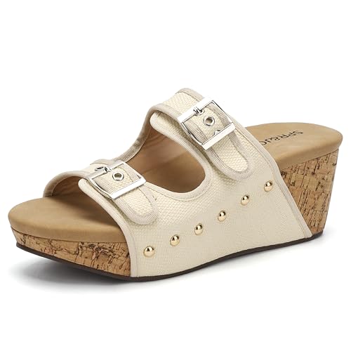 SPR&JOY Damen-Sandalen mit Keilabsatz, offener Zehenbereich, Schlupfschuhe, Plateauschuhe, Beige, 42 EU von SPR&JOY