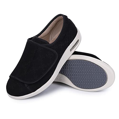 SPR&JOY Diabetiker-Schuhe für Damen, breite Breite, ältere Menschen, leicht, verstellbarer Verschluss, atmungsaktiv, geschwollene Füße, Ödeme, Walking-Sneaker, Schwarz Diamant, 38.5 EU Weit von SPR&JOY
