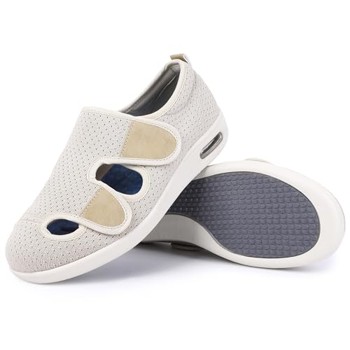 SPR&JOY Diabetiker-Schuhe für Damen, breite Breite, ältere Menschen, verstellbarer Verschluss, leicht, atmungsaktiv, geschwollene Füße, Ödeme, Walking-Sneaker, Beige, 36 EU Weit von SPR&JOY