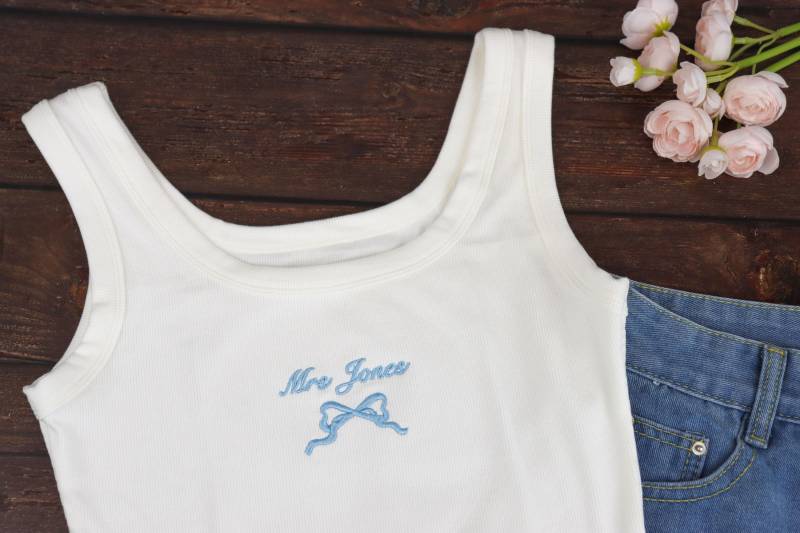 Personalized Embroidered Tank Top Custom Bride Tank Top Mrs Tshirt Engagement Reveal Bachelorette Party, Gift For von SPRGiftsDesigns