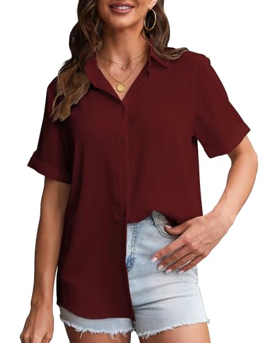 Bluse Damen Sommer Damenblusen Kurzarm Oberteile Damen Hemd Elegant Hemdbluse Casual V-Ausschnitt Solide Blusenshirt von SPRING SEAON