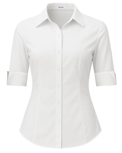 SPRING SEAON Damen Bluse 3/4 Ärmel Slim Fit V-Ausschnitt Knopfleiste Hemd Shirt Business Blusen mit Knopleiste Kurzarm Blusenshirt Tops Sommer Herbst Hemdbluse für Büro und Freizeit von SPRING SEAON