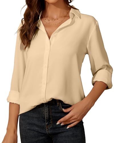 Damen Button-Down Shirts Langarm Kragen Tops Lady Work Office Chiffon Bluse von SPRING SEAON