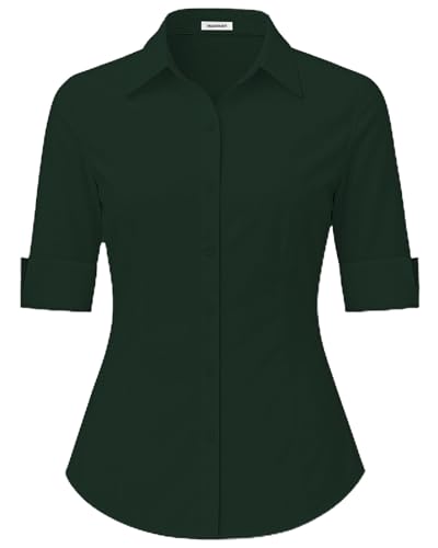 SPRING SEAON Damen Bluse 3/4 Ärmel Slim Fit V-Ausschnitt Knopfleiste Hemd Shirt Business Blusen mit Knopleiste Kurzarm Blusenshirt Tops Sommer Herbst Hemdbluse für Büro und Freizeit von SPRING SEAON