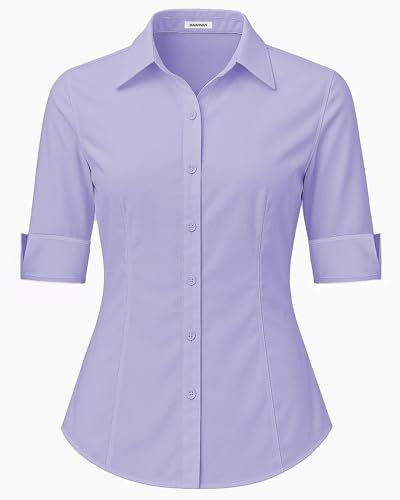SPRING SEAON Damen Bluse 3/4 Ärmel Slim Fit V-Ausschnitt Knopfleiste Hemd Shirt Business Blusen mit Knopleiste Kurzarm Blusenshirt Tops Sommer Herbst Hemdbluse für Büro und Freizeit von SPRING SEAON
