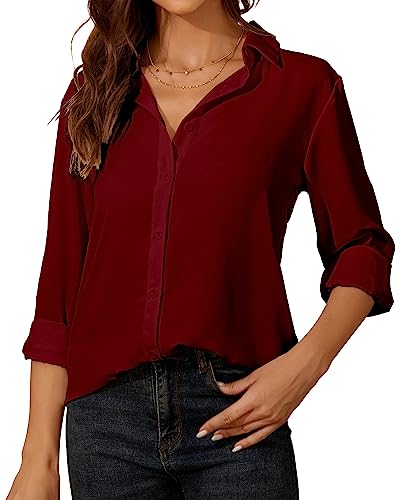 Damen Button-Down Shirts Langarm Kragen Tops Lady Work Office Chiffon Bluse von SPRING SEAON