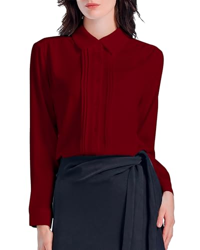 SPRING SEAON Damen Bluse Button-Down Shirts Langarm Casual V-Ausschnitt Kragen Hemden Lady Work Office Chiffon Blusen Tops von SPRING SEAON
