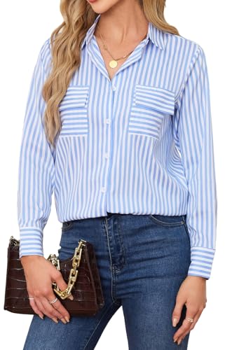 SPRING SEAON Damen Bluse mit Streifen – Elegante Langarm Hemdbluse mit Knopfleiste, Business Casual Oberteil, Locker & Bequem für Büro und Alltag von SPRING SEAON