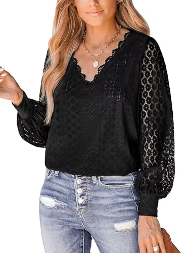 SPRING SEAON Damen Blusen mit V Ausschnitt Hemden,Elegant Blusen Lange Spitzenärmel Tunika Tops,Lady Work Office Bluse von SPRING SEAON