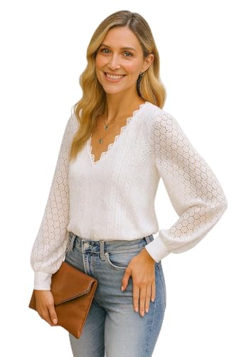 SPRING SEAON Damen Blusen mit V Ausschnitt Hemden,Elegant Blusen Lange Spitzenärmel Tunika Tops,Lady Work Office Bluse von SPRING SEAON