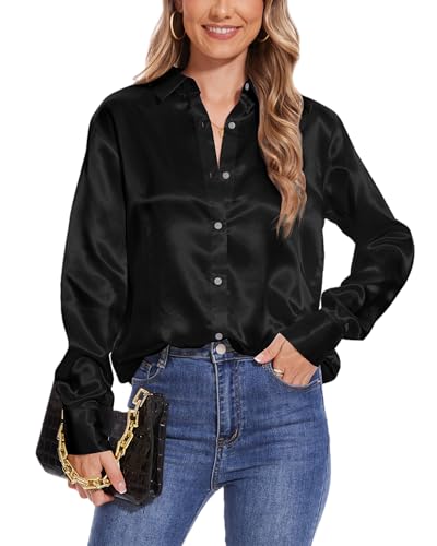 Damen Button-Down-Bluse für Frauen Satin-Oberteile Langarmhemd lässiges Seidenhemd für die Arbeit im Büro von SPRING SEAON