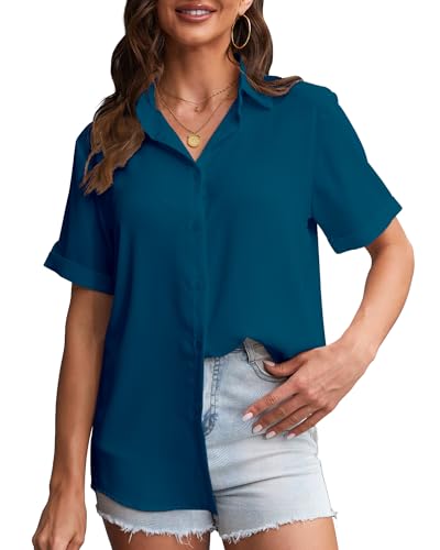SPRING SEAON Damen Button-Down-Shirt Kurzarm Kragen Tops Arbeit Büro Chiffon Bluse, blau - peacock blue, M von SPRING SEAON