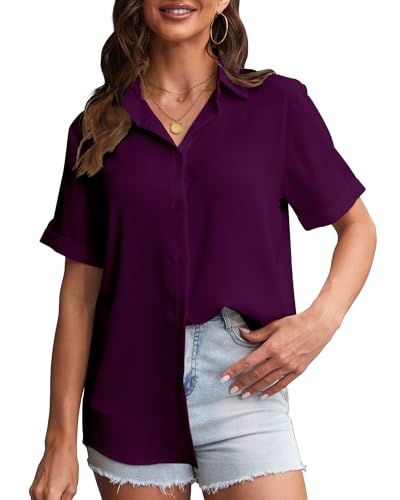 SPRING SEAON Damen Button-Down-Shirt Kurzarm Kragen Tops Arbeit Büro Chiffon Bluse, fuchsia, M von SPRING SEAON