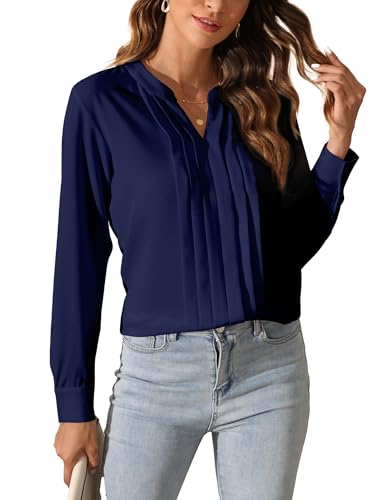 SPRING SEAON Damen Elegant Bluse Langärmliges V-Ausschnitt Jacke für Freizeit und Büro，Faltendesign vorne Chiffon Hemd von SPRING SEAON