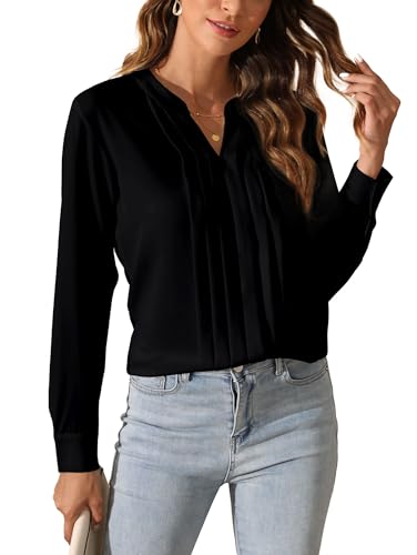 SPRING SEAON Damen Elegant Bluse Langärmliges V-Ausschnitt Jacke für Freizeit und Büro，Faltendesign vorne Chiffon Hemd von SPRING SEAON