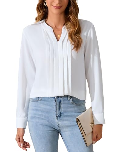SPRING SEAON Damen Elegant Bluse Langärmliges V-Ausschnitt Jacke für Freizeit und Büro，Faltendesign vorne Chiffon Hemd von SPRING SEAON